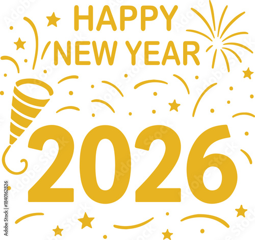 Happy new year 2026 celebration with party popper and festive fireworks