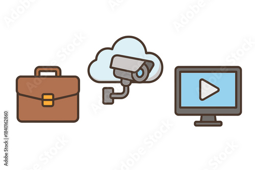 Icons representing business briefcase, cloud security surveillance, and video media playback