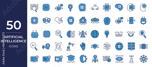 Artificial Intelligence icons set in line style. Neural, network, automation, technology, virtual, learning, assistant, machine, robot, bot, brain and more.
