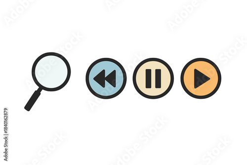 Set of essential UI icons including search, play, pause, and rewind controls