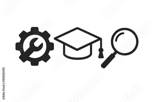 Set of conceptual icons for technical education, learning, research, and knowledge acquisition