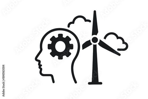 Human head profile with gear symbolizing sustainable energy thinking and wind turbine