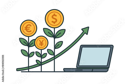 Online investment growth with currency plants next to a laptop and rising financial arrow