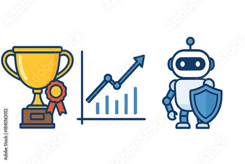 Golden trophy award, business growth chart, and security robot holding a shield
