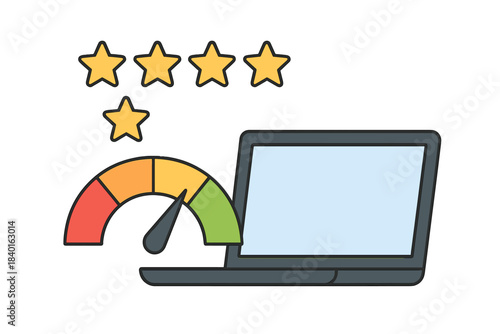 Online customer satisfaction rating displayed with four and a half stars next to a performance gauge and laptop