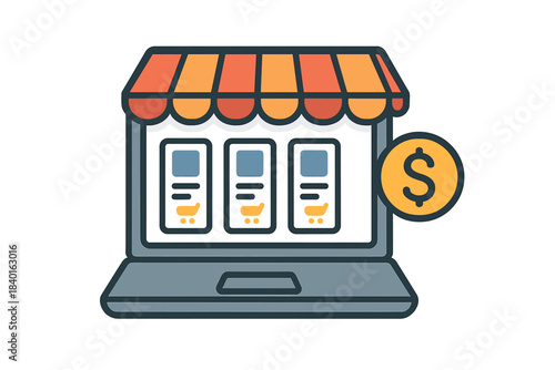 Laptop screen displaying online storefront awning and product listings next to a dollar coin