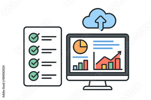 Data analysis report checklist and cloud synchronization on a desktop computer screen