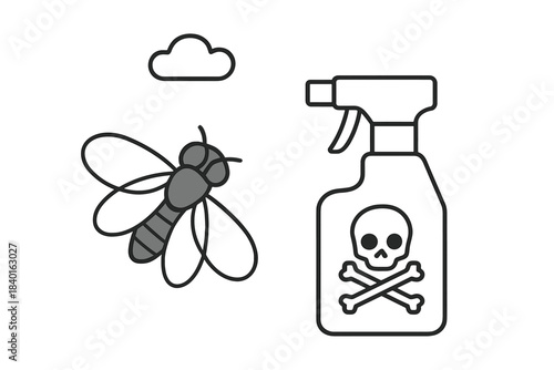 Simple black and white symbols of flying insect, cloud, and toxic insecticide spray bottle