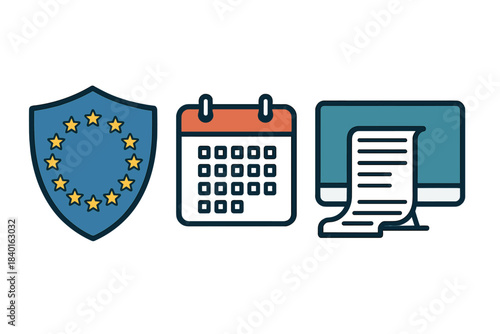 European Union regulation shield calendar and digital document compliance icons set