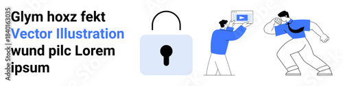 Open lock symbol with two individuals, one sharing content and another acting suspiciously. Ideal for cybersecurity, digital safety, technology, data privacy, awareness, online fraud, simple landing