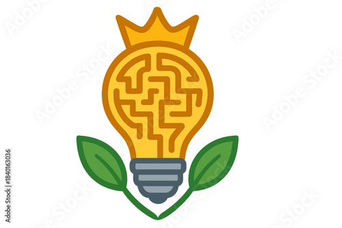 Lightbulb with maze pattern, crown, and growing leaves symbolizing creative thinking