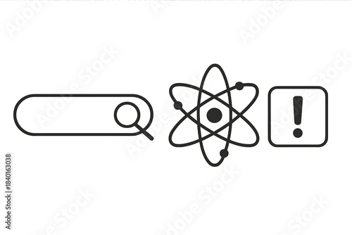 Minimalist black and white icons for search, atomic structure, and warning alert symbols