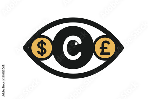 Conceptual eye icon with dollar, euro, and pound currency symbols representing financial insight