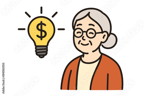Smiling senior woman with a glowing lightbulb dollar sign representing a financial idea