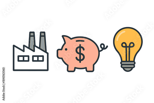 Factory building, piggy bank with dollar sign, and lightbulb icons for business and finance concepts