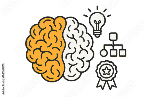 Human brain concept with icons for creativity, organization, success, and cognitive function