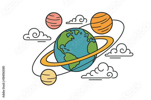 Stylized Earth globe with an orbiting ring surrounded by celestial bodies and decorative clouds
