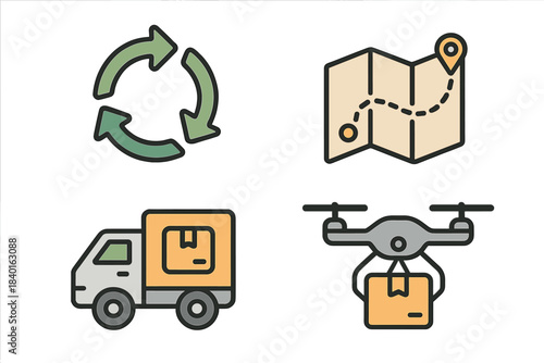 Logistics and delivery concepts including recycling, route tracking, truck, and drone shipping
