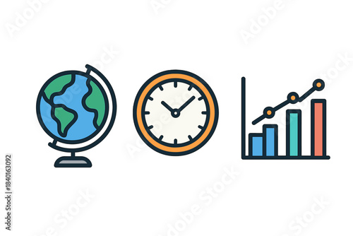 Global business time management and financial growth analysis icons set