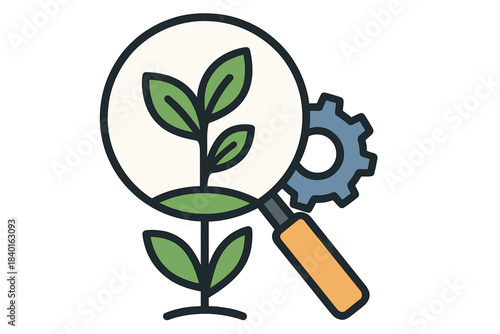 Magnifying glass examining a plant sprout next to a mechanical gear representing scientific ecological technology
