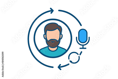 User profile icon and microphone connected in a circular loop for voice recognition technology