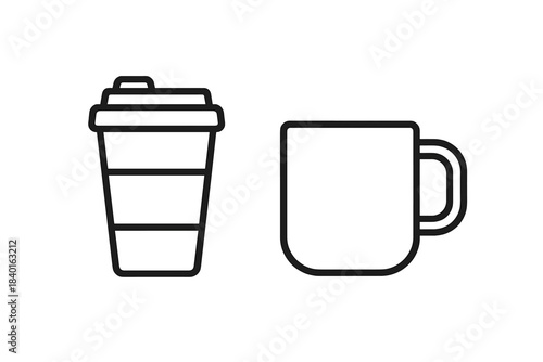 Simple outline of a disposable takeaway coffee cup and a traditional handled mug