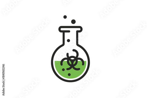 Laboratory flask with bubbling hazardous green liquid and biohazard symbol