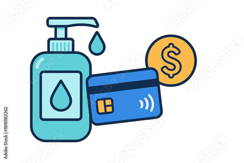 Contactless payment and hygiene safety concept with sanitizer dispenser, credit card, and dollar coin