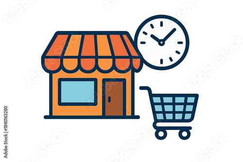 Storefront building with clock and shopping cart icon symbolizing retail business hours