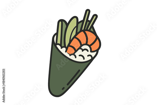 Stylized Japanese temaki sushi roll with shrimp and vegetables wrapped in dark green seaweed