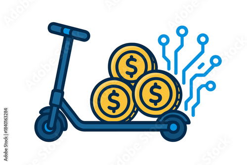 Electric scooter carrying dollar coins connected to digital circuit lines