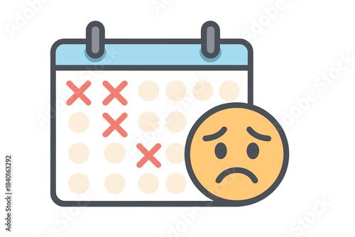 Disappointed face next to a calendar marking canceled or failed dates