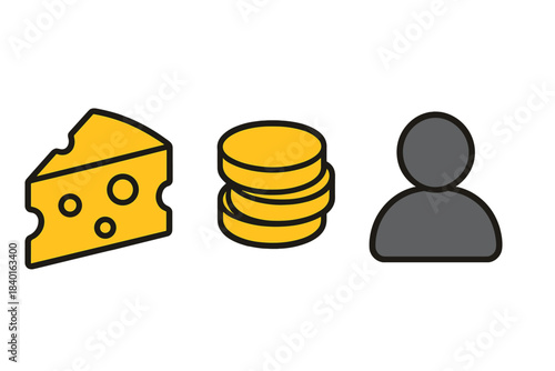 Minimalist set of icons featuring a cheese wedge, stacked currency, and a user avatar