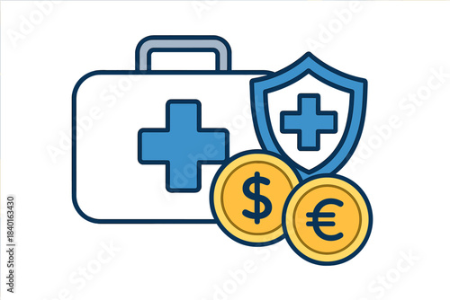 First aid kit shield protecting dollar and euro coins for healthcare finance and insurance
