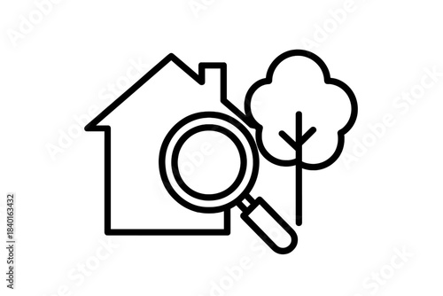 Real estate search concept showing a house outline, tree, and magnifying glass