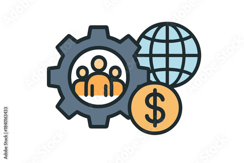 Global business management concept showing teamwork, finance, and worldwide operations