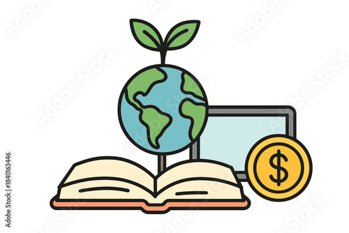Global education and sustainable business concept with book, plant, laptop, and dollar coin