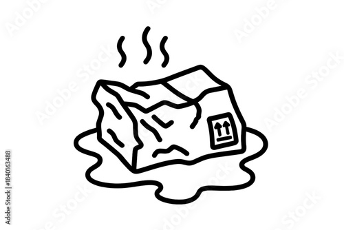Damaged delivery box melting and steaming with fragile shipping arrows symbol