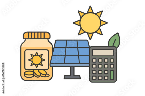 Solar energy calculation and vitamin D supplements concept with photovoltaic panel and sun icon