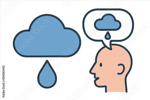 Human head profile with rain cloud and drop symbolizing sadness and negative thoughts