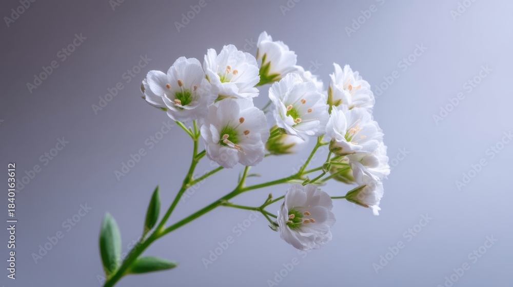 Obraz premium Delicate White Flowers on a Soft Gray Background Emphasizing Natural Beauty and Serenity in Floral Design, Perfect for Backgrounds and Arrangements