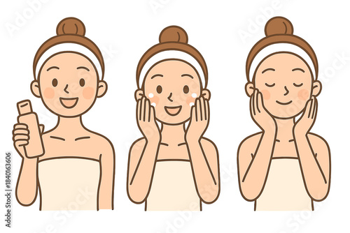 Steps of a daily skincare routine showing a woman applying lotion to her face