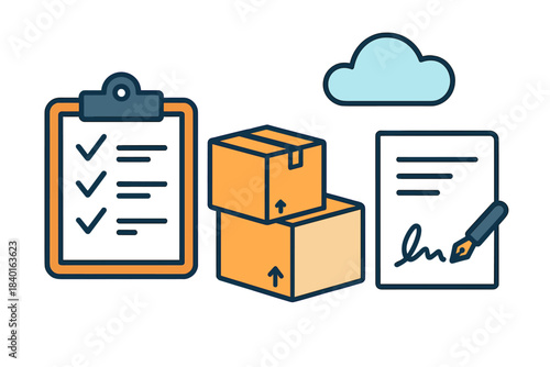 Logistics and delivery process including checklist, shipping boxes, contract signing, and cloud storage