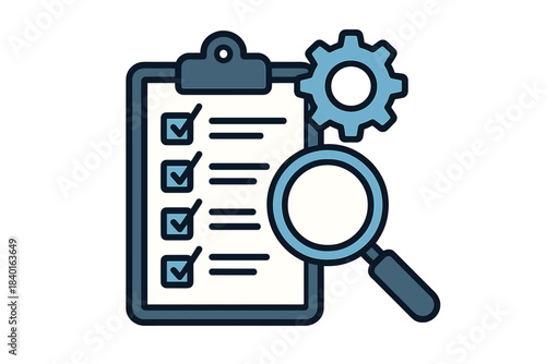 Quality assurance inspection checklist with magnifying glass and settings gear