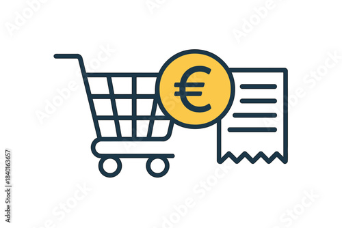 Shopping cart with Euro currency coin and paper receipt representing online purchasing and payment