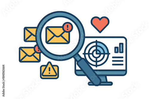 Email marketing analysis and spam detection with data metrics and engagement symbols
