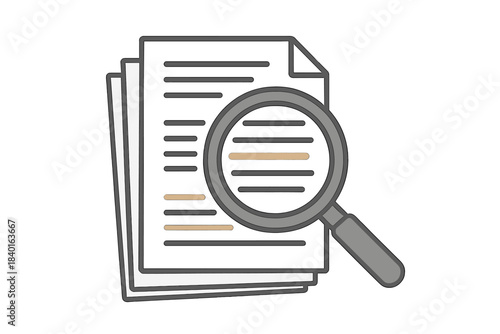 Magnifying glass hovering over stacked documents with highlighted text lines for review and search