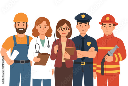 Diverse group of essential workers representing various professional occupations and careers