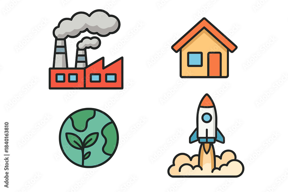 Naklejka premium Simple icons for industrial production, residential living, environmental protection, and space travel