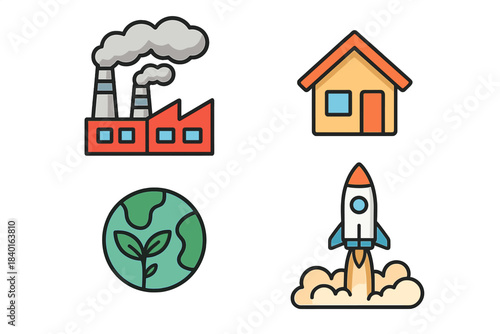 Simple icons for industrial production, residential living, environmental protection, and space travel